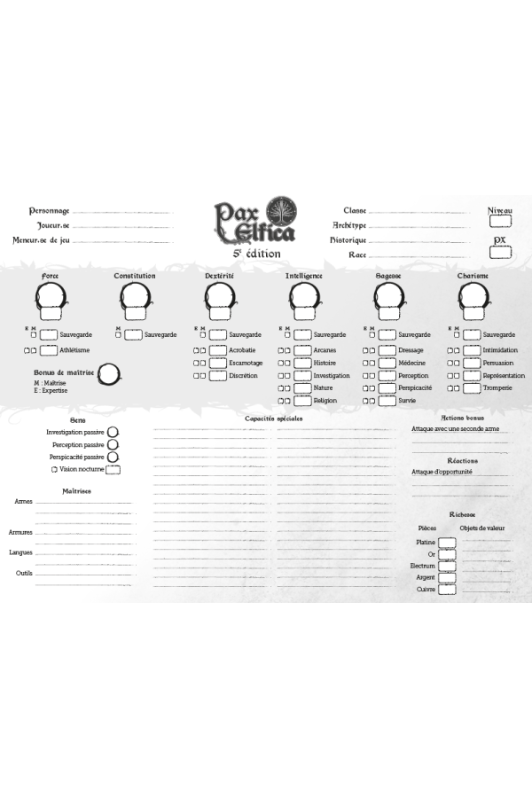 Pax Elfica - Dossier de personnage 5e édition